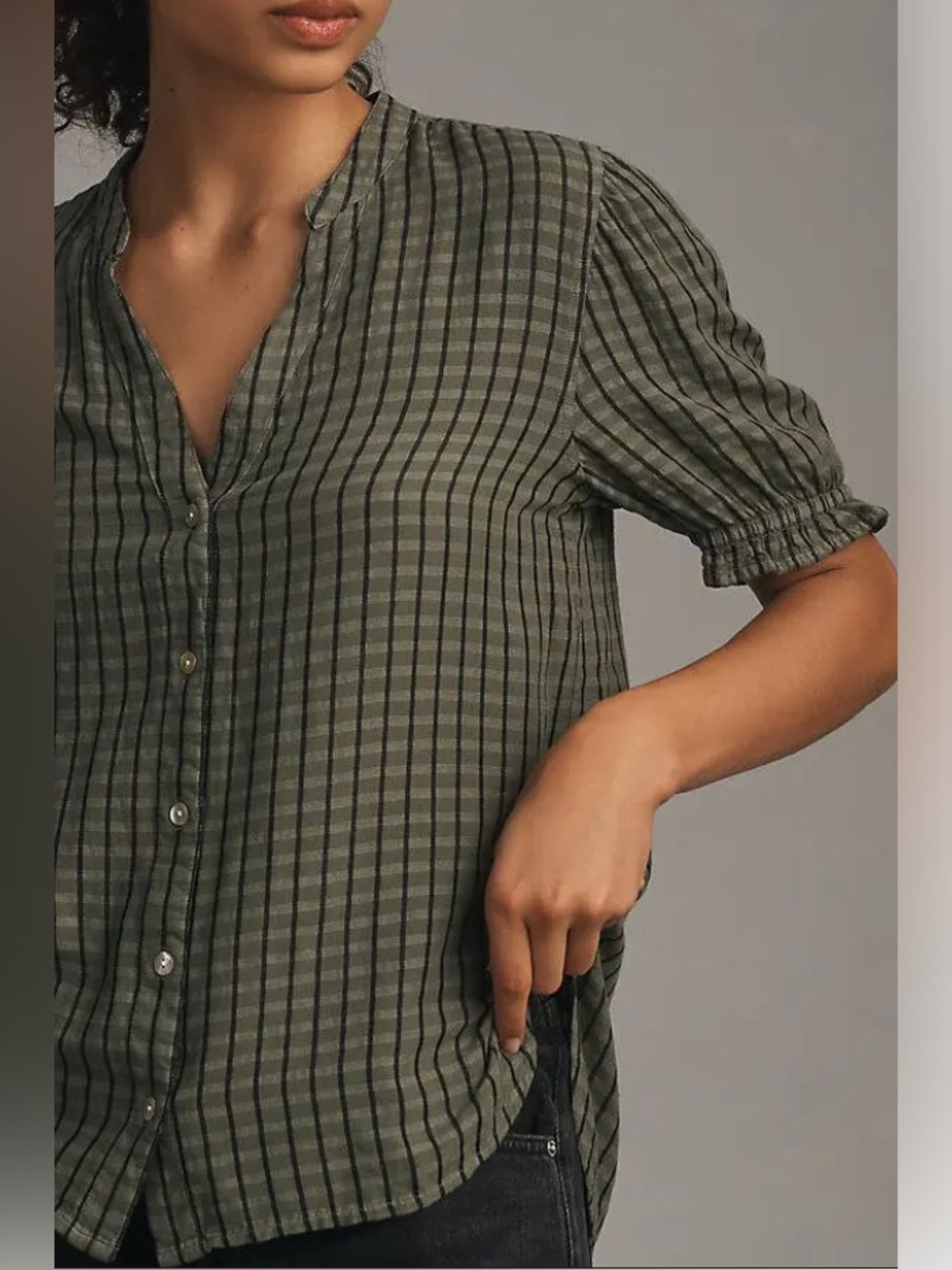 Cloth & Stone Puff-Sleeve Linen Blend Buttondown Gingham Top Dark Green Size S - Picture 6 of 11